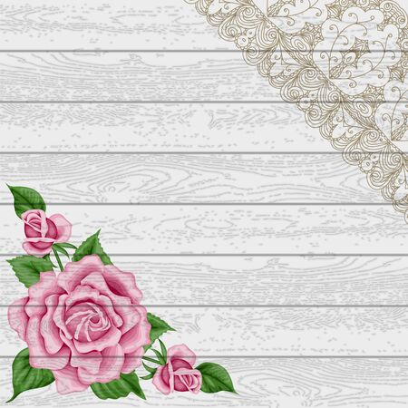 Retro background with colorful roses and lace corner on wood background. Place for your text. Vector illustration. Invitation designのイラスト素材