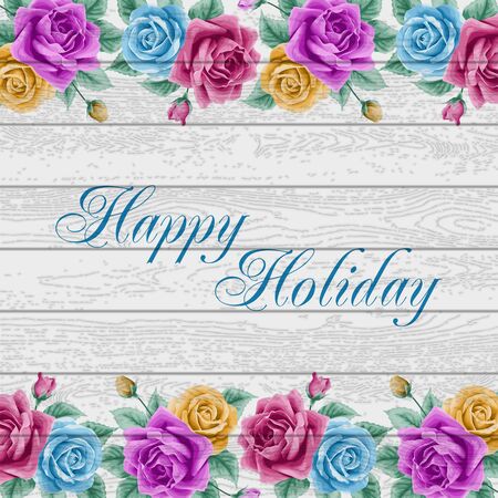 Retro background with colorful roses and wood. Place for your text. Vector illustration. Invitation designのイラスト素材