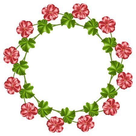 Wreath of  hand drawn geraniums on white background. Place for your text.  Invitation, greeting card template. Vector illustrationのイラスト素材