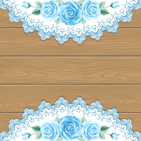 Wood background with roses and decorative lace frame.  のイラスト素材