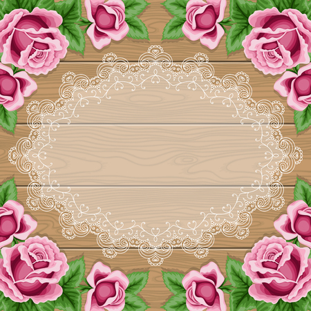 Wood background with roses and decorative lace frame.  のイラスト素材