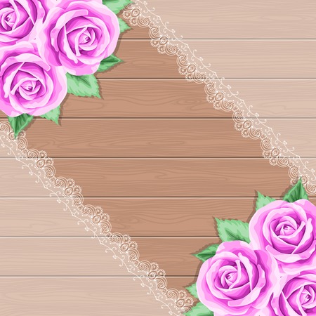 Wood background with roses and decorative lace frame. のイラスト素材