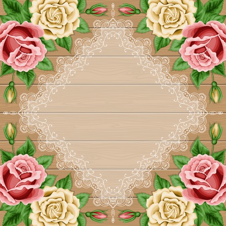 Wood background with hand drawn colorful roses and lace frame. Place for your text. Greeting card, invitation templateのイラスト素材