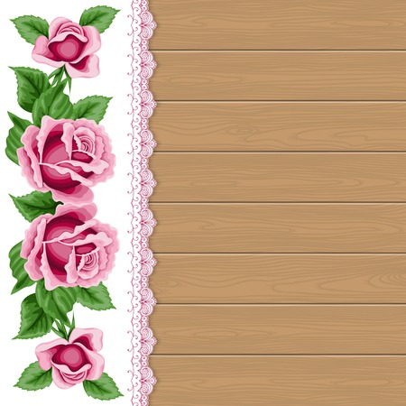 Wood background with roses and lace frame. Vector Illustrationのイラスト素材