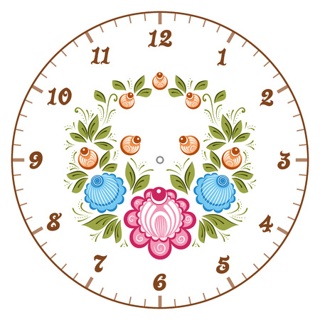 Clockface in the Russian style. Russian handicraft Gorodets painting. Vector illustrationのイラスト素材