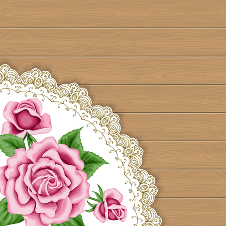 Wood background with roses and lace corner. Greeting card, invitation template. Vector Illustrationのイラスト素材