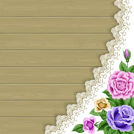 Wood background with hand drawn colorful roses and lace corner. Place for your text. Greeting card, invitation templateのイラスト素材