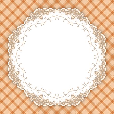 Retro round lace frame. Vintage design border, light orange gingham background, space for picture, text. For greeting card, invitation, scrapbooks, albums, crafts, decoratingのイラスト素材