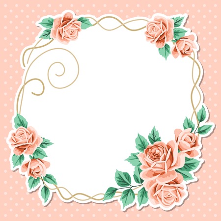 Polka dot background with hand draw floral wreath. Vintage roses. Shabby chic vector illustration. Invitation, greeting card template. Place for textのイラスト素材