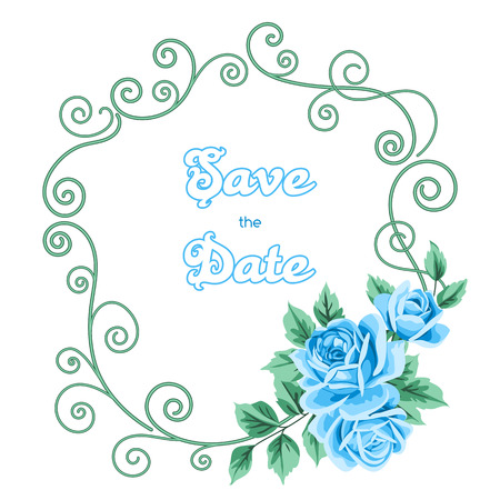 Vintage wedding invitation with roses. Invitation template with floral curling wreath. Save the date design. Vector illustrationのイラスト素材