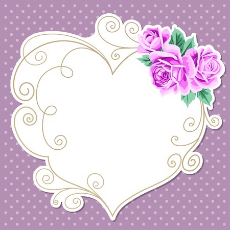 Polka dot background with hand draw floral heart shaped wreath. Vintage roses. Shabby chic vector illustration. Invitation, greeting card template. Place for textのイラスト素材