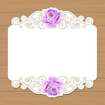 Wood background with hand draw roses and gold curly design elements. Shabby chic vector illustration. Invitation, greeting card template. Place for textのイラスト素材