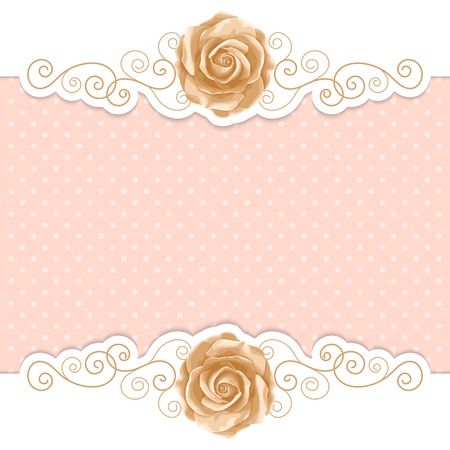Background with hand drawn roses and gold curly design elements in retro style. Greeting card, invitation template. Vector illustrationのイラスト素材