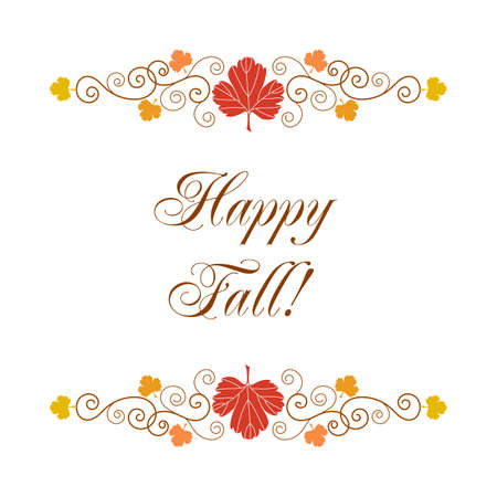 Happy Fall. Greeting card template with hand drawn autumn leaves and curly design elements on white background.のイラスト素材