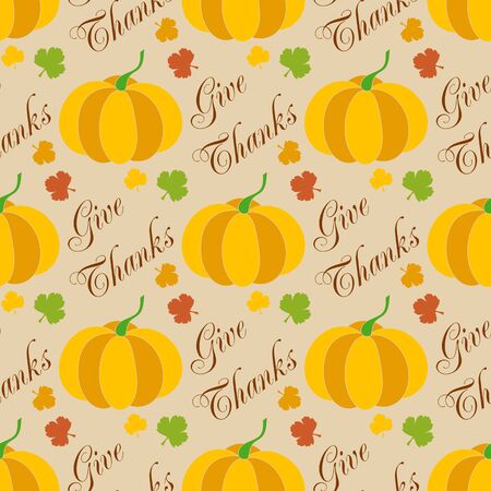Thanksgiving seamless pattern with hand drawn pumpkins and autumn leavesのイラスト素材