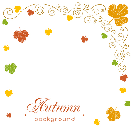 Autumn vector background with hand drawn leaves and curly design elements. Greeting card template. Place for your textのイラスト素材