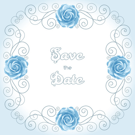 Vintage wedding invitation with roses. Invitation template with gold curling design elements. Save the date design. Vector illustrationのイラスト素材