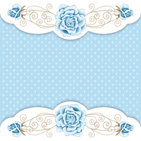 Background with hand drawn roses and golden curly border in retro style. Greeting card, invitation template. Vector illustrationのイラスト素材
