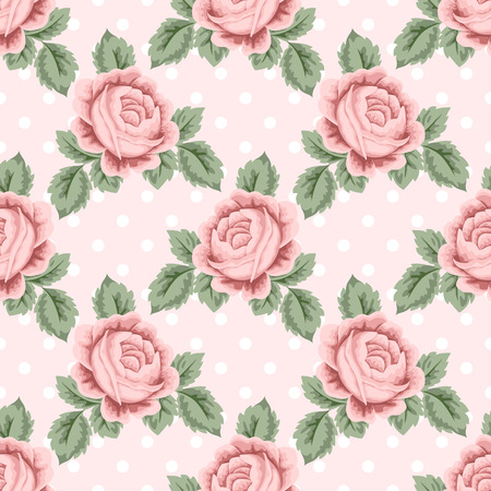 Seamless pattern with pink roses and leaves on light pink polka dot background. Vector illustration in retro style.のイラスト素材