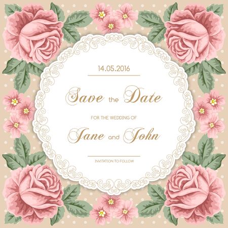Vintage wedding invitation with roses and leaves. Round curly frame. Save the date design. Hand drawn vector illustrationのイラスト素材