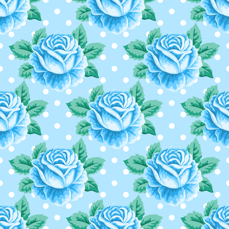 Seamless pattern with roses and leaves on polka dot background. Vector illustration in retro style.のイラスト素材