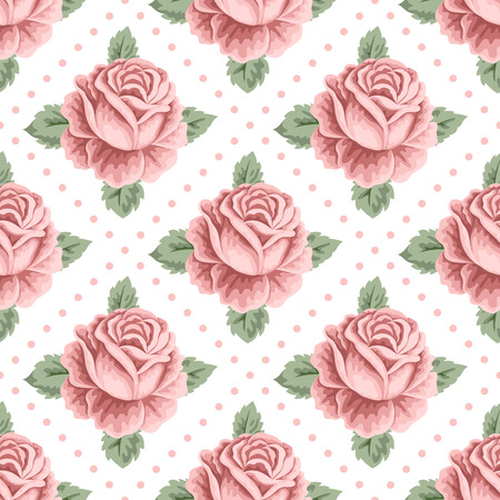 Seamless pattern with roses and leaves on polka dot background. Vector illustration in retro style.のイラスト素材