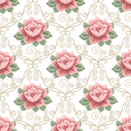 Seamless pattern with pink roses and curly design elements on white background. Vector illustration in retro style.のイラスト素材