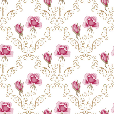 Seamless pattern with pink roses and curly design elements on white background. Vector illustration in retro style.のイラスト素材