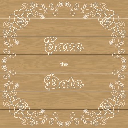 Vintage wedding invitation with roses and calligraphy frame on wood background. Save the date design. Vector illustrationのイラスト素材