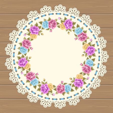 Vintage background with hand drawn wreath of roses and lace doily on wood background. Greeting card, invitation template. Vector illustrationのイラスト素材