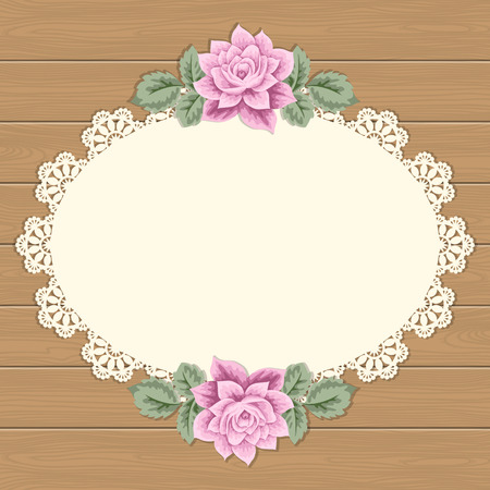 Vintage background with hand drawn roses and lace doily on wood background. Greeting card, invitation template. Vector illustrationのイラスト素材