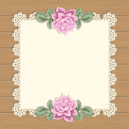 Vintage background with hand drawn roses and lace doily on wood background. Greeting card, invitation template. Vector illustrationのイラスト素材