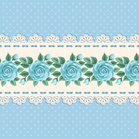 Vintage background with hand drawn roses and lace border on polka dot background. Greeting card, invitation template. Vector illustrationのイラスト素材