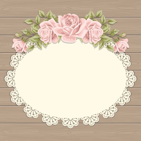 Vintage background with hand drawn roses and lace doily on wood background. Greeting card, invitation template. Vector illustrationのイラスト素材