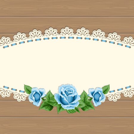 Vintage background with hand drawn rose and lace doily on wood background. Greeting card, invitation template. Vector illustrationのイラスト素材