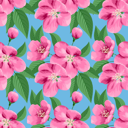 Seamless pattern with spring apple blossoms and leaves. Vector illustrationのイラスト素材