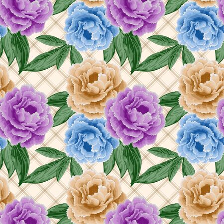 Seamless pattern with peonies and leaves. Illustration in retro style. Vectorのイラスト素材