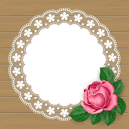 Vintage background with hand drawn rose and lace doily on wood background. Greeting card, invitation template. Illustration in retro style. Vectorのイラスト素材