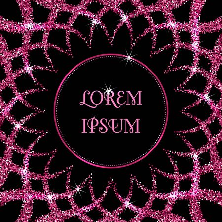 Round frame made of sparkling confetti on black background. Greeting card, invitation templateのイラスト素材