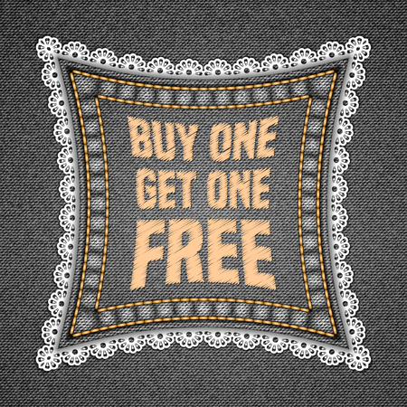 Square patch with embroidered text message and lace border on denim background. Vector illustrationのイラスト素材