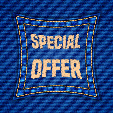 Square patch with embroidered text message on denim background. Vector illustrationのイラスト素材
