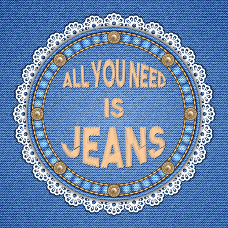 Round patch with rivets, lace border and embroidered text message on denim background. Vector illustrationのイラスト素材