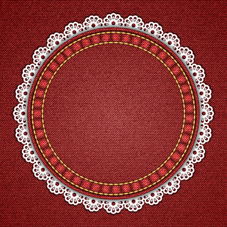 Round patch with lace border on denim background. Vector illustrationのイラスト素材