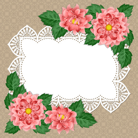 Greeting card or invitation template with dahlias and lace frame. Illustration in retro style. Vectorのイラスト素材