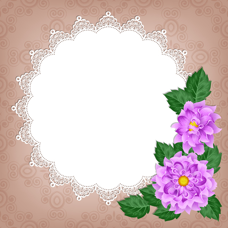 Greeting card or invitation template with dahlias and lace frame. Illustration in retro style. Vectorのイラスト素材