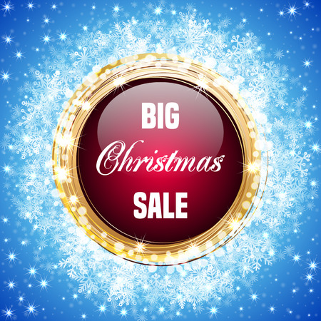 Blue Christmas background with round golden frame, snowflakes, sparks and bokeh. Vector illustrationのイラスト素材