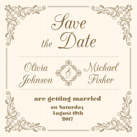 Save the date wedding card in retro style with decorative design elements. Vector illustrationのイラスト素材