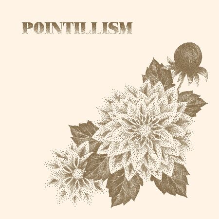 Floral composition for greeting cards or invitations. Monochrome vector illustration in pointillism style.のイラスト素材