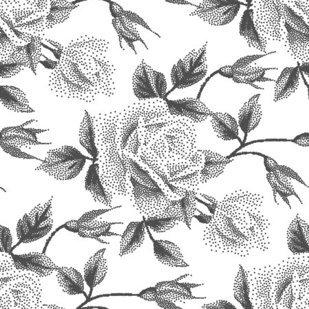 Seamless pattern with dotted roses. Floral background in dotwork style. Pointillism. Vector illustrationのイラスト素材