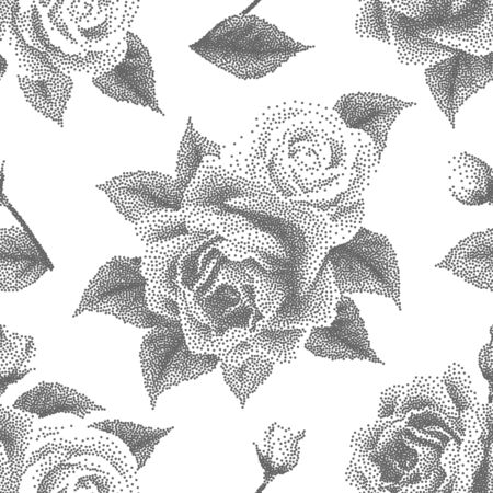 Seamless pattern with dotted roses. Floral background in dotwork style. Pointillism. Vector illustrationのイラスト素材